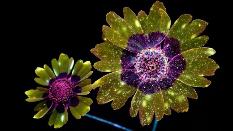 Craig P. Burrows, Capolino di Coreopsis tinctoria Nutt., fotografia a fluorescenza visibile indotta da luce ultravioletta (UVIVF), 2016. Per gentile concessione dell’autore